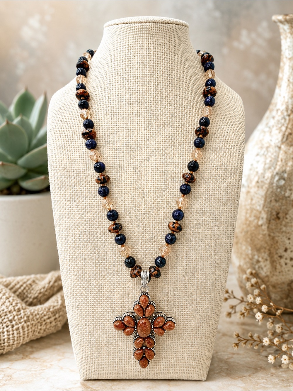 Artisan Hand Knotted Blue Goldstone Swarovski Crystal Sterling Cross Necklace 18